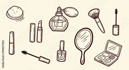 Hand drawn collection of makeup and beauty products on a light background