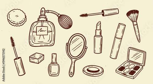 Hand drawn cosmetic items collection beauty products and makeup accessories illustration
