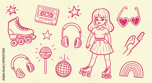 Retro 80s Style Girl with Roller Skates and Cassette Tape Accessories
