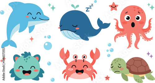 Cute sea animals cartoon characters collection with dolphin, whale, octopus, crab, turtle and pufferfish, adorable underwater marine life illustration set