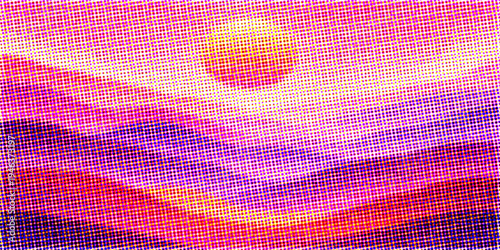 Abstract colorful background of digital mosaic dots featuring a vibrant rainbow pattern and glowing purple light design on a grungy square grid texture wallpaper