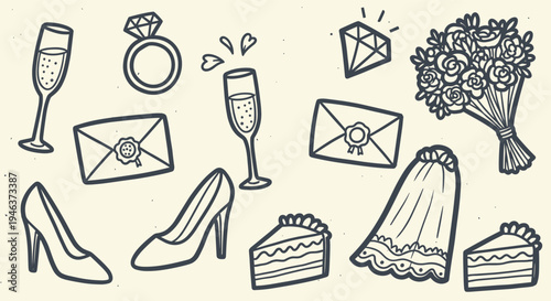 Wedding celebration icons set with champagne rings shoes and cake