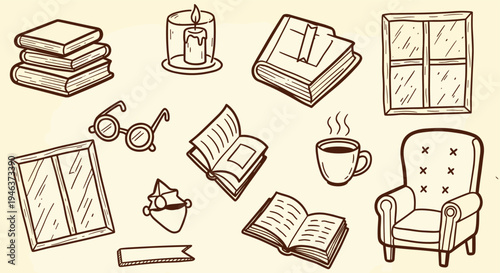 Cozy Reading Nook With Books Candle Chair and Window Doodle Style