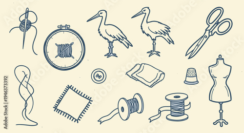Vintage Sewing Craft Supplies and Ornithological Illustrations Collection