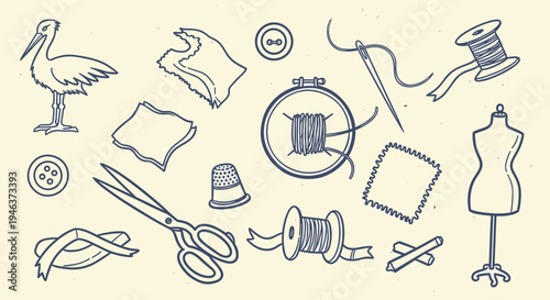 Sewing and Crafting Supplies Collection Vintage Style Illustration