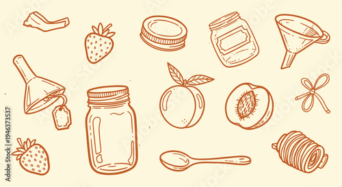 Hand drawn illustration of canning supplies and fruits for preserving food