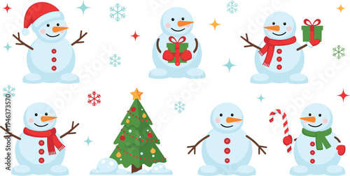 Cute snowman characters collection with Christmas tree, gift box, candy cane and winter accessories, festive holiday cartoon illustration set