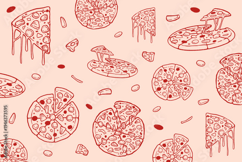 Hand drawn pattern of hawaiian pizza doodles. Vector illustration of fast food icons in naive art style. Line drawing pizza, sausage, pineapple for logo fastfood, branding, menu shop.