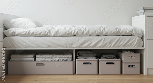 Cozy bedroom interior with bed and storage boxes, creating a neat and organized living space, modern design