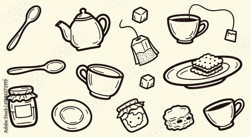 Hand Drawn Tea Party Elements Collection with Jars of Jam and Biscuits