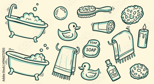 Cute Bathroom Objects Collection Bathtub Soap Rubber Duck Towel Candle and Sponge Hand Drawn Sketch Style