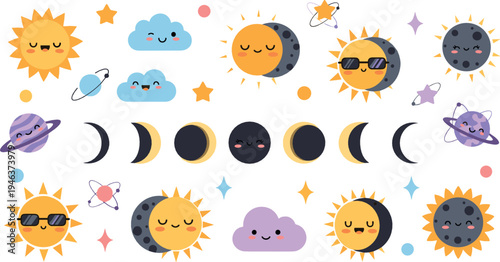 Cute sun moon and space elements collection with planets clouds stars and lunar phases cartoon vector illustration set