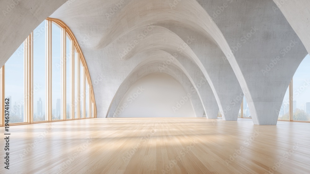Obraz premium Modern architectural space with large arched windows and wooden floor, empty room, bright natural light streaming in