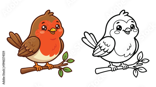 Coloring Page of a Cute Cartoon Robin Bird Sitting on a Branch