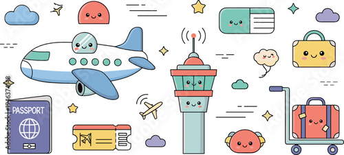Cute travel airport elements with airplane passport luggage and control tower kawaii tourism vector illustration set
