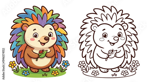 Hedgehog Cute Colorful Character with Ladybug and Flowers