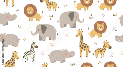 Playful Jungle Animals Illustration with Lions, Elephants, Giraffes, and Zebras in Soft Colors
