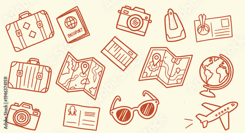 Hand drawn travel essentials collage with suitcase passport camera map globe sunglasses and airplane