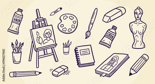 Artistic tools and supplies for drawing and painting on a light background