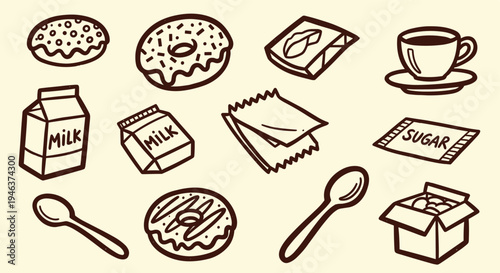 Hand drawn illustration of breakfast items like donuts milk coffee and sugar packets