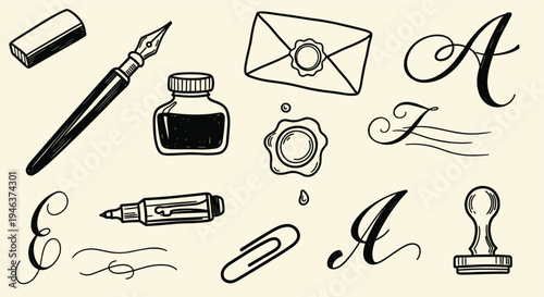 Vintage Writing Tools and Calligraphy Elements Collection