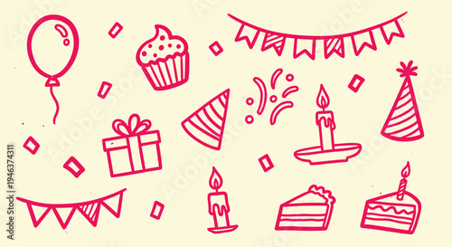 Birthday Party Elements Doodle Collection Celebration Icons Hand Drawn Style