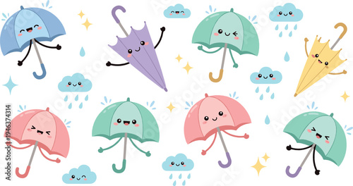 Cute umbrella cartoon characters with smiling faces and rainy clouds, adorable kawaii weather illustration set for kids and seasonal design