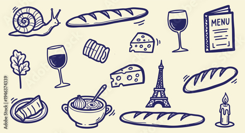 Charming French Doodles Featuring Iconic Symbols and Cuisine