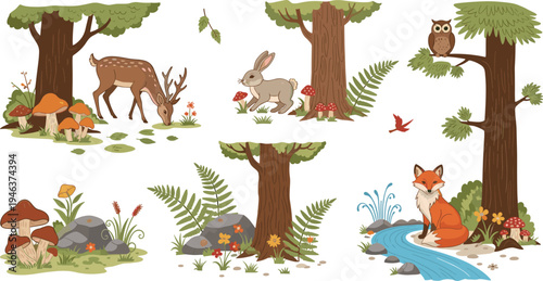 Woodland Forest Scene with Deer, Fox, Rabbit, Owl, Mushrooms, and Lush Greenery