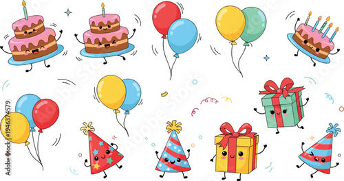 Happy Birthday Party Decorations with Cakes, Balloons, Gifts, and Party Hats in Cute Kawaii Style