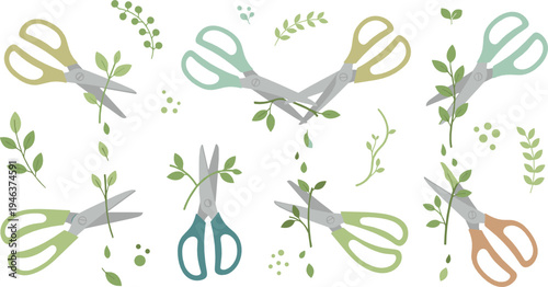 Decorative scissors with botanical leaves set, elegant cutting tools with floral branches craft vector illustration collection