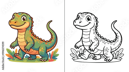 Dinosaur Illustration for Children Coloring Book with Outlined Character