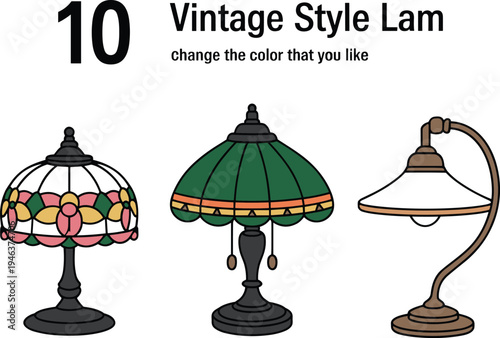 Set of vintage style table lamps including Tiffany lamp, banker lamp and classic desk lamp, editable color vector illustration for retro interior lighting design