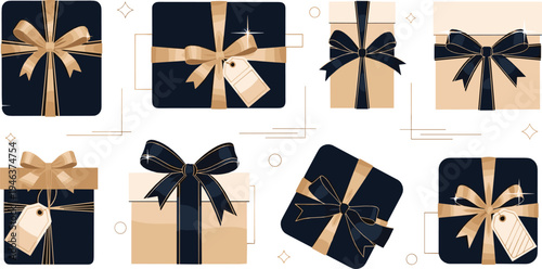 Elegant gift boxes with black and gold ribbons luxury present packaging celebration vector illustration set