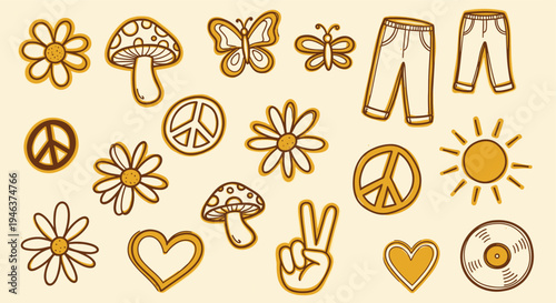 Retro 70s Boho Hippie Style Icons and Symbols Set