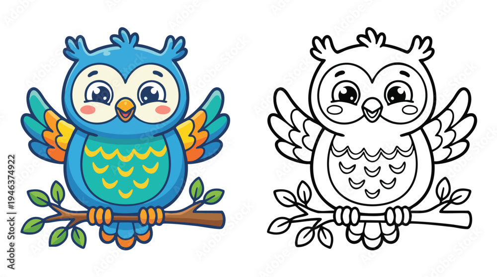 Fototapeta premium Coloring Book Page Featuring a Cute Cartoon Owl Perched on a Branch