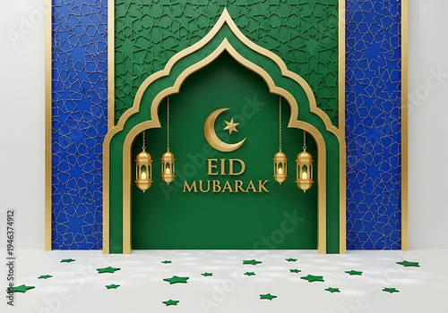 Eid Mubarak Islamic holiday greeting card with decorative archway and lanterns