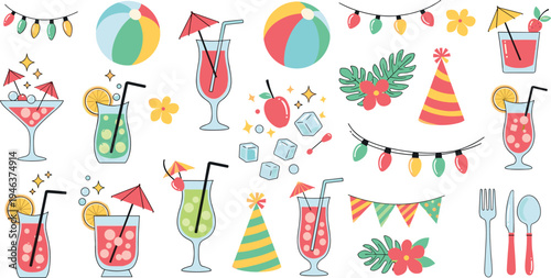 Colorful Summer Party Vector Set with Refreshing Drinks, Beach Balls, Party Hats, and Festive Decorations