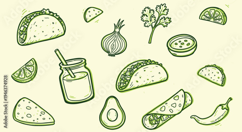 Hand drawn doodle illustration of mexican food ingredients and meals on a light yellow background