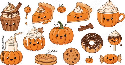 Kawaii Fall Treats with Pumpkins, Pumpkin Pie, Cupcakes, Donuts, and Candy in Cute Style