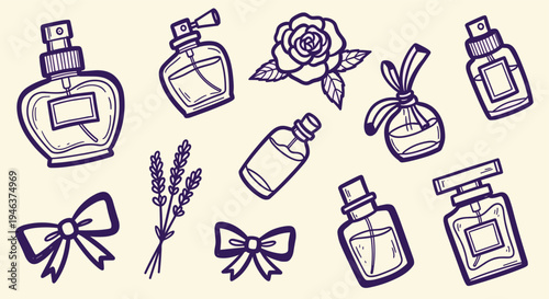 Perfume Bottles and Fragrance Elements Hand Drawn Sketch Style