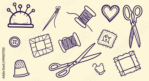 Hand drawn sewing and crafting tools with fabric and thread on a light background