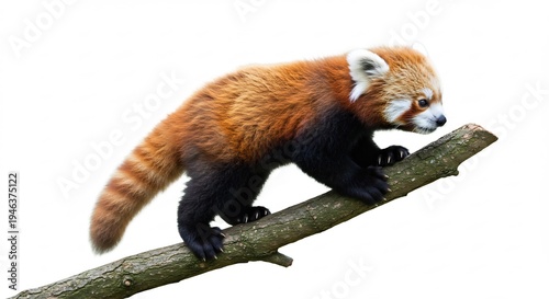 A charming red panda carefully walks a tree branch its vibrant fur brightly glowing under crisp clear light.. AI Generated