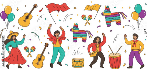 Colorful Mexican Fiesta Celebration with Dancers, Piñatas, Guitars, Drums, and Festive Balloons