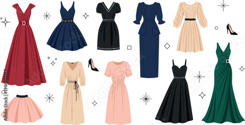 Elegant women evening dresses collection with stylish gowns cocktail dresses and formal fashion outfits vector illustration set