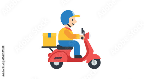 Clean flat vector illustration depicting a courier riding a scooter for delivery, using soft rounded character shapes, minimal details, and a modern app-friendly style on a white background.