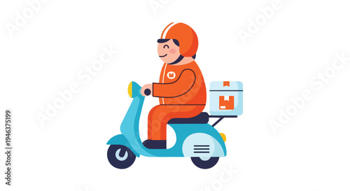 Simple flat vector graphic of a scooter delivery rider, illustrated with friendly rounded character design, basic shapes, and a modern mobile app illustration style on a white background.