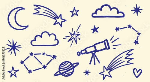 Whimsical Space and Astronomy Doodles Collection with Moon Stars Telescope and Planets