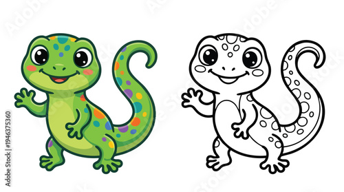 Cute Happy Gecko Childrens Coloring Book Page Vector