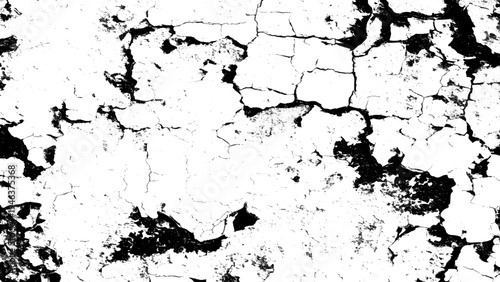 Cracked white paint wall with black cracks and peeling  grungy texture